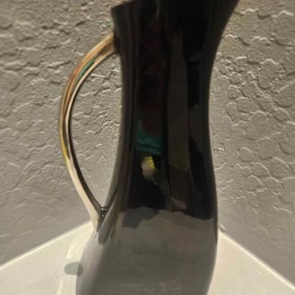 Made in India Heavy Water Flower Black Ceramic Pitcher 12" - Picture 1 of 7